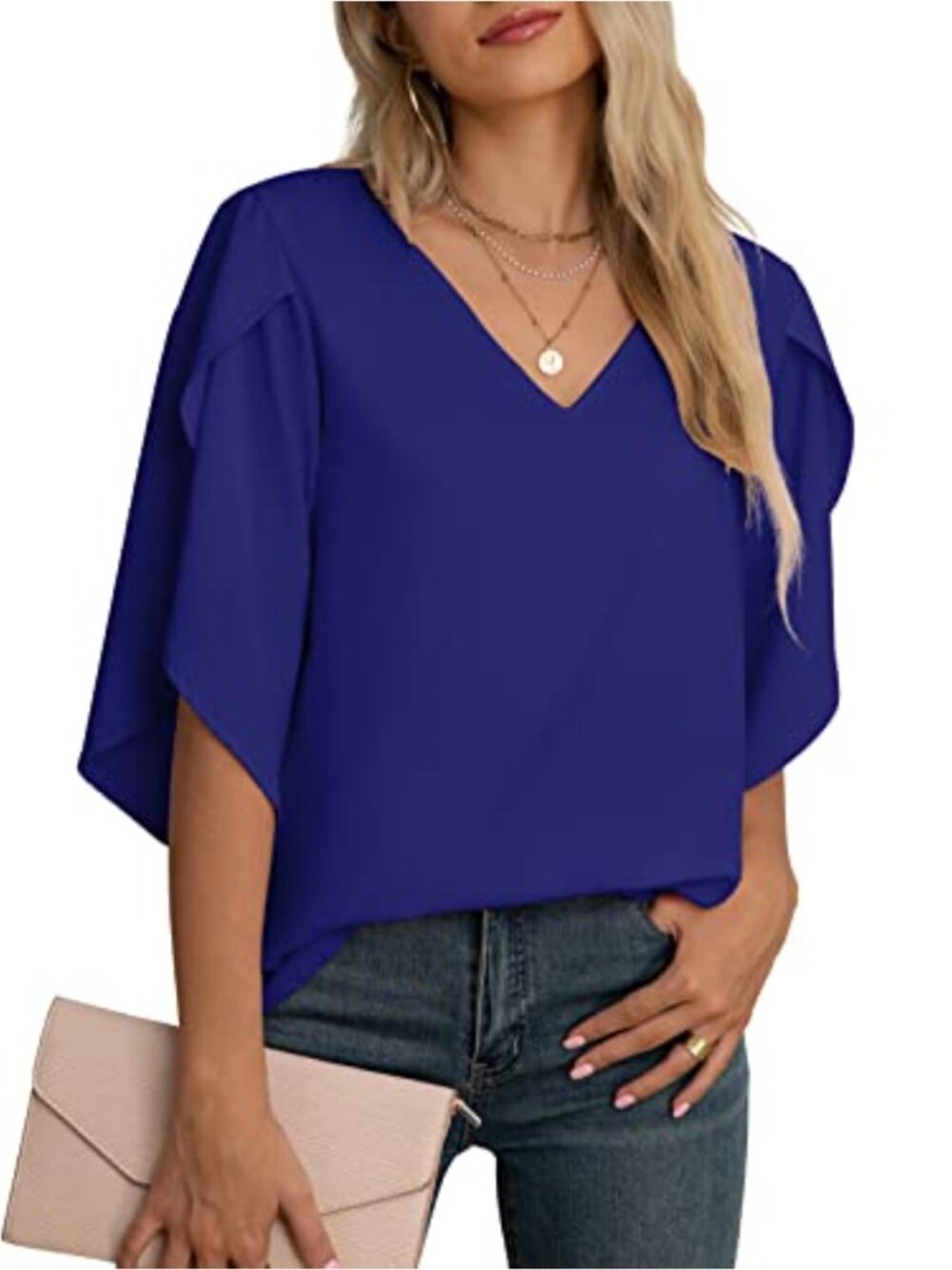 Women's Casual 3/4 Ruffle Sleeve Chiffon Blouse V-Neck Loose Fit Top